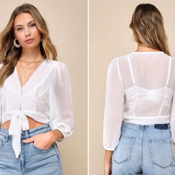 Lulus In The Breeze White Sheer Long Sleeve Tie-front Top - Size M - Picture 2 of 6